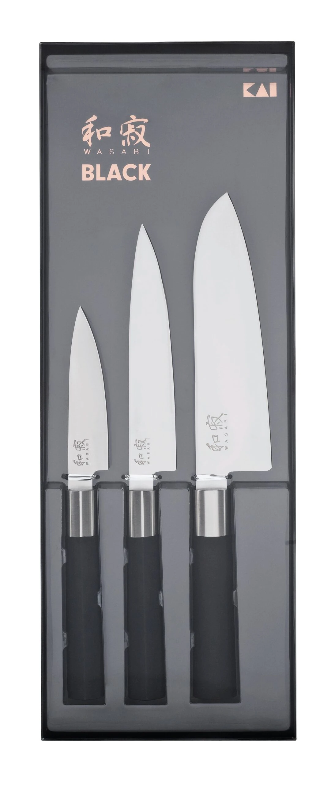 KAI Wasabi Black 3-piece Knife Set: 2 Utility Knives & 1 Santoku Knife 3 KAI Wasabi Black 3-piece Knife Set: 2 Utility Knives & 1 Santoku Knife